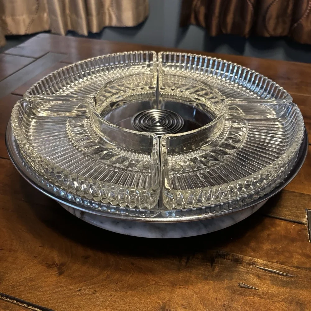 6pc VTG 60s MCM Kromex Chrome Glass Lazy Susan Serving Tray Lid ~ No Center Bowl
